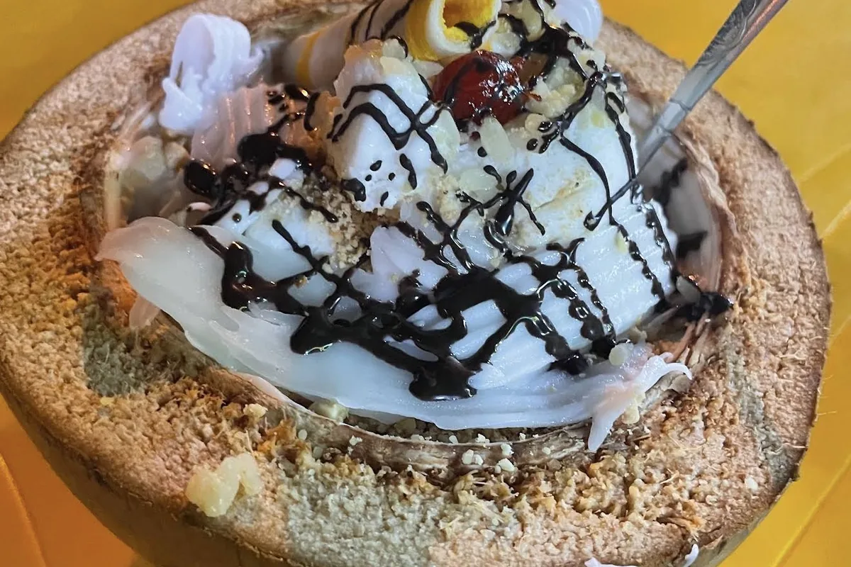 Coconut ice cream served in a whole coconut shell with shredded coconut, peanuts and chocolate sauce, on a yellow plastic table