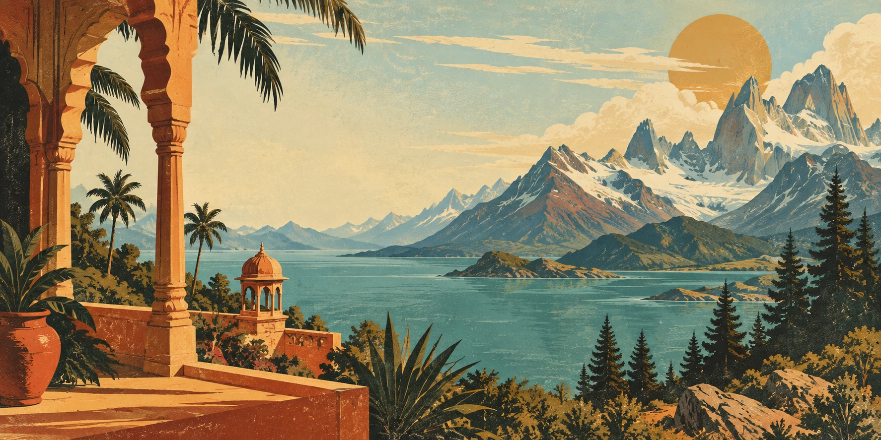 Travel-poster illustration combining Indian arches with Patagonian mountains and a lake